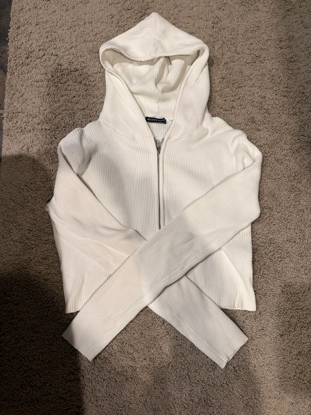 Brandy Melville White Hooded Ribbed Zip-Front Women's Sweater
